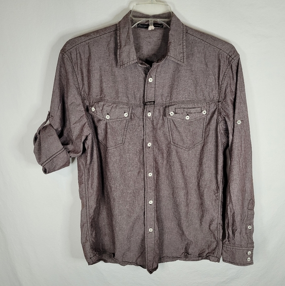 Vintage Marithe Francois Girbaud Mens L Brown Button Shirt Roll Tab Long Sleeve - Picture 1 of 13